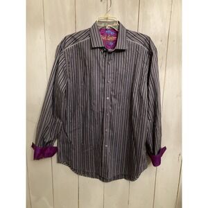 Robert Graham Shirt Mens Sz-Lg Flip Cuff Button Up Purple‎ & Grey Stripe